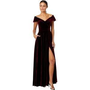 XSCAPE Women's Off-the-Shoulder Long Velvet Full Skirt Dress Burgundy SZ 14 NWT